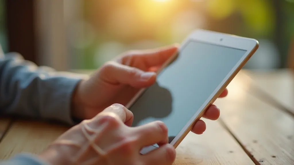 Blízký záběr na tablet s aplikací Viber, ruce seniora zadávají text, slunečné osvětlení