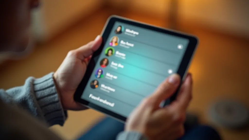 Ruce seniora drží tablet s otevřeným seznamem kontaktů, viditelné jména přátel a rodiny