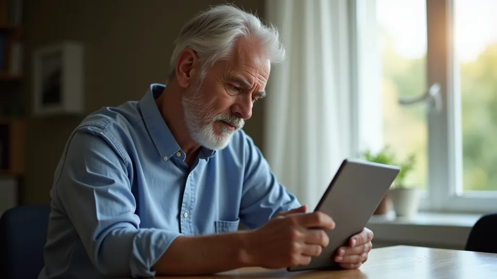 Senior muž, starší 70 let, sedí u stolu s tabletem, zadává telefonní číslo do aplikace, slunečné osvětlení, jasný záběr