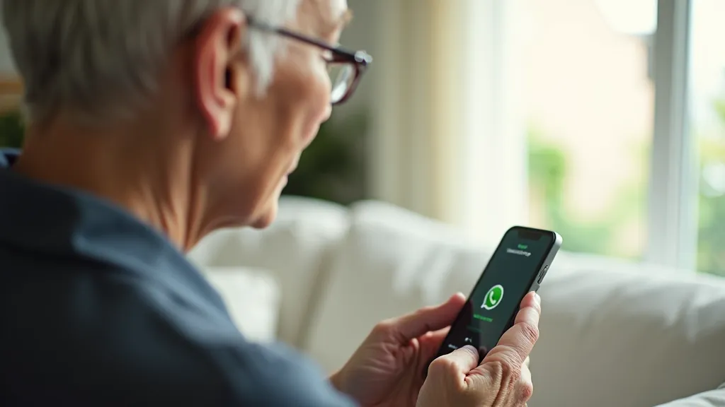 Tablet s otevřeným WhatsAppem na stole, hledání kontaktů, senior pomocí dotyku