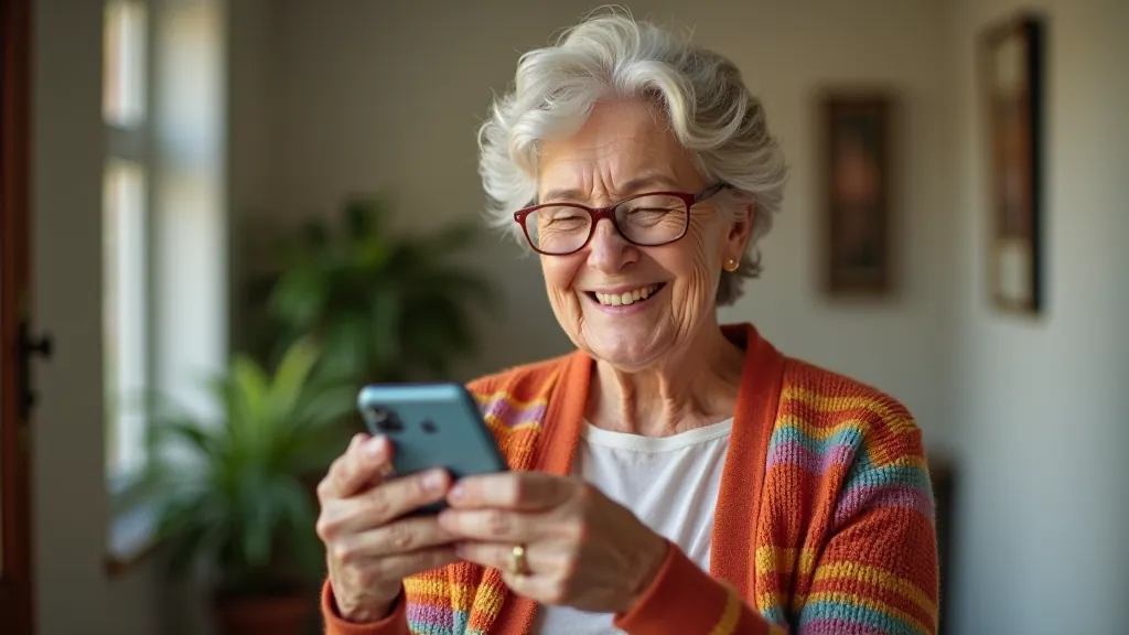 Starší žena usměvavě drží smartphone s otevřenou aplikací WhatsApp, jasné osvětlení