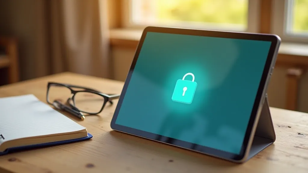 Tablet se zámkem a symbolem bezpečnosti, zápisník s poznamenaným heslem, domácí stůl